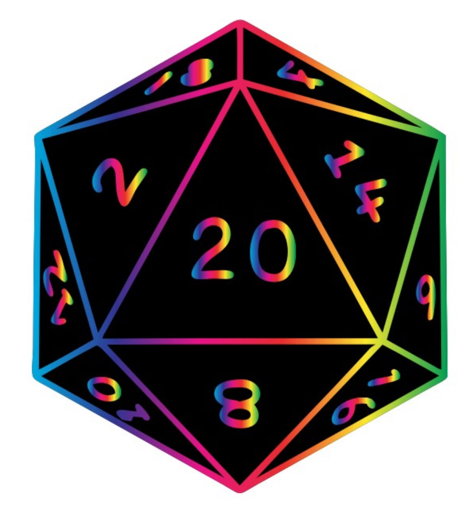 Multicolored D20 die on a black background metal rainbow