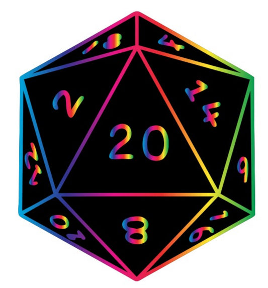 Multicolored D20 die on a black background metal rainbow